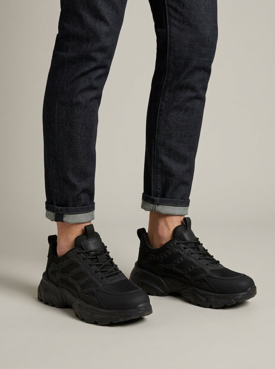 Men's Chunky Sneakers - Lace-Up Low Top Shoes with Thick Rubber Sole
