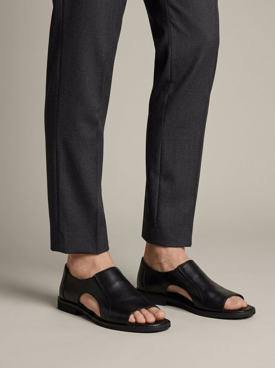 Men's Open Toe Leather Sandals – Cutout Vamp with Ankle Buckle Strappy