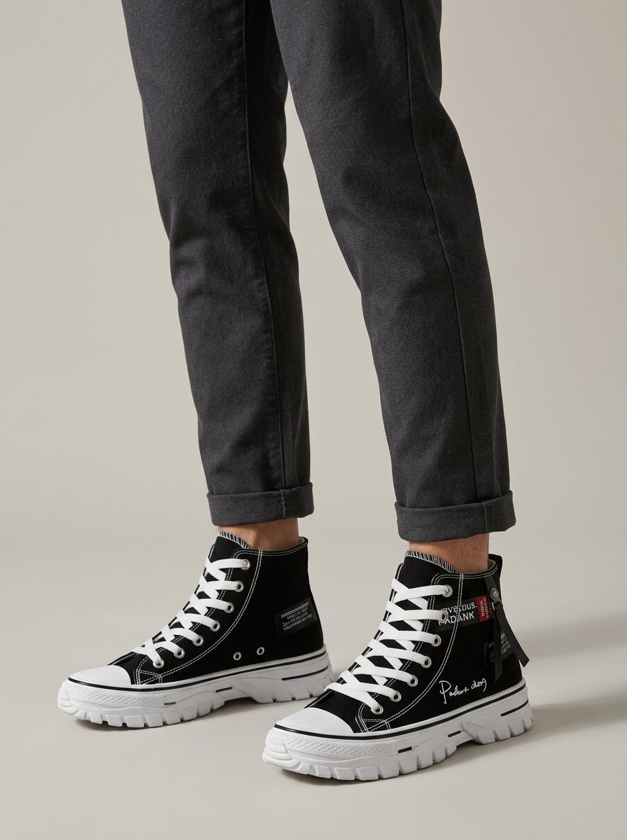 Men's High-Top Canvas Platform Sneakers - Lace-Up - Round Toe