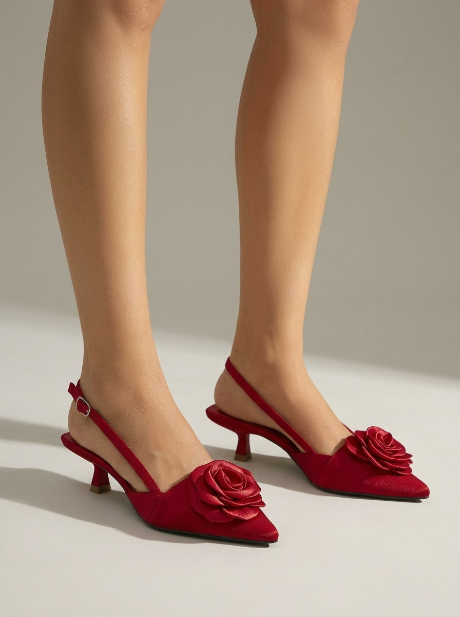 Women's Pointed Cap Toe Stiletto Heel Pumps with 3D Rose Detail