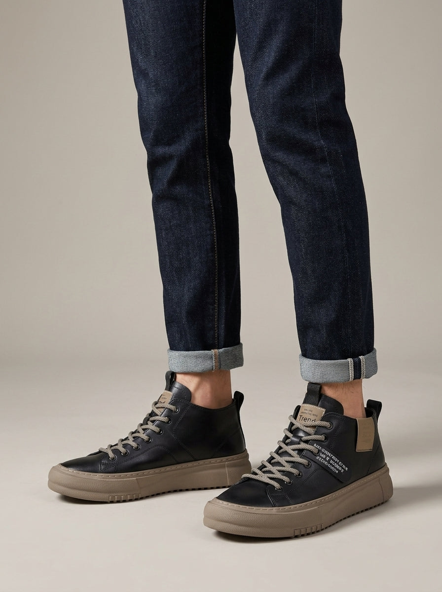 Men's Leather Mid-Top Lace-Up High Tops with Contrasting Tab
