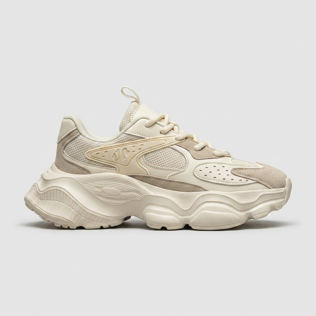 Men's Leather Chunky Sneakers - Lace-Up - Mesh Panels - Thick Sculpted Sole
