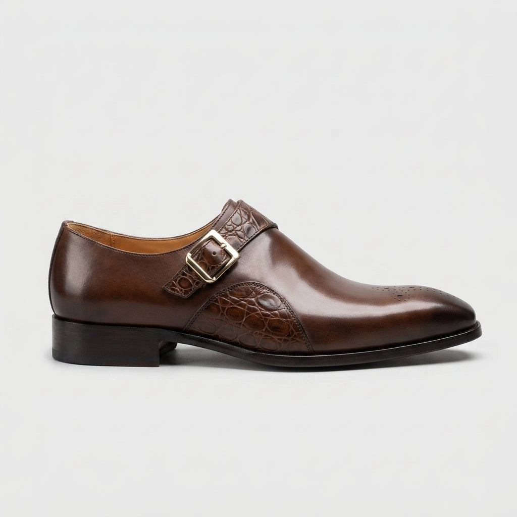 Men's Single Monk Strap Dress Shoes – Pointed Toe Brogue Detail Leather