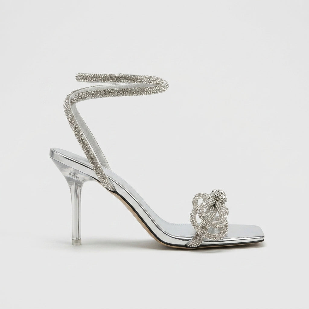 Women's Bow Square Toe Ankle Strap Transparent Heels