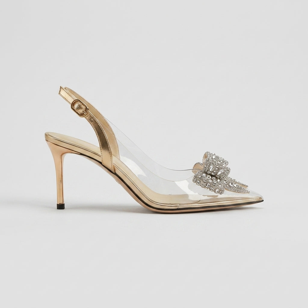 Women's Clear PVC Slingback Pumps with Rhinestone Bow and Stiletto Heel