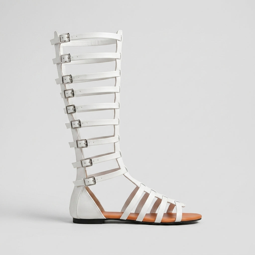 Women's Knee-High Gladiator Sandals with Multi-Strap Flat Sole