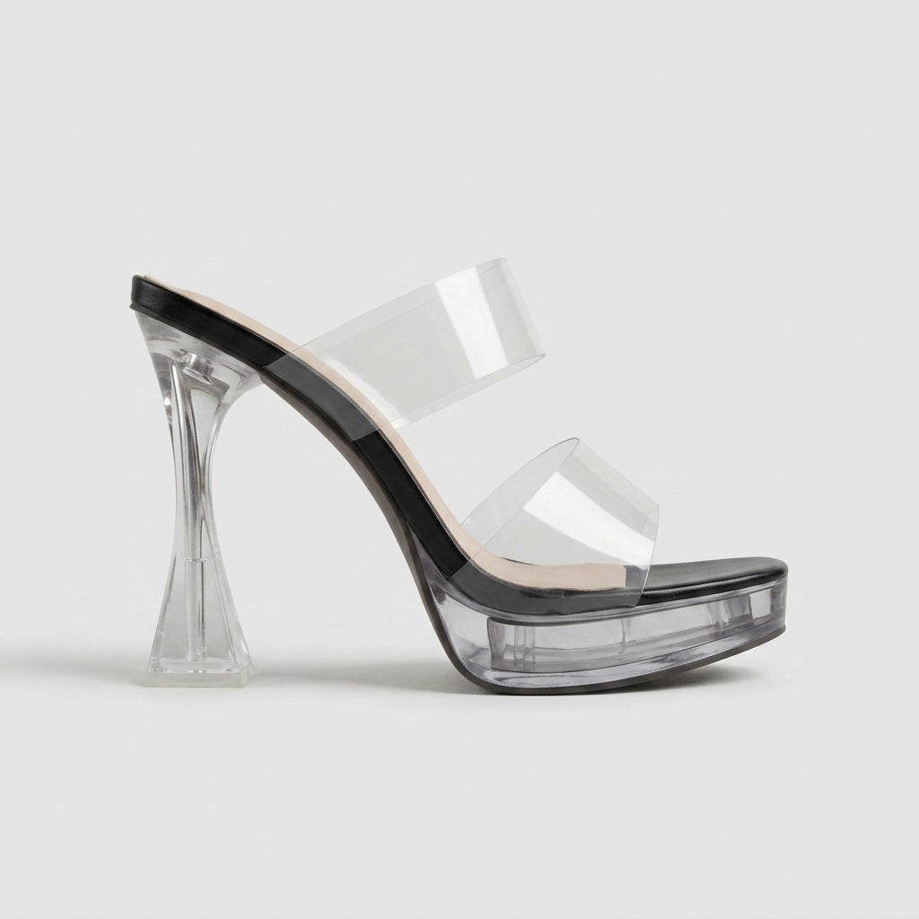 Women's Clear PVC Double Strap Slide Heels with Lucite Flared Heel