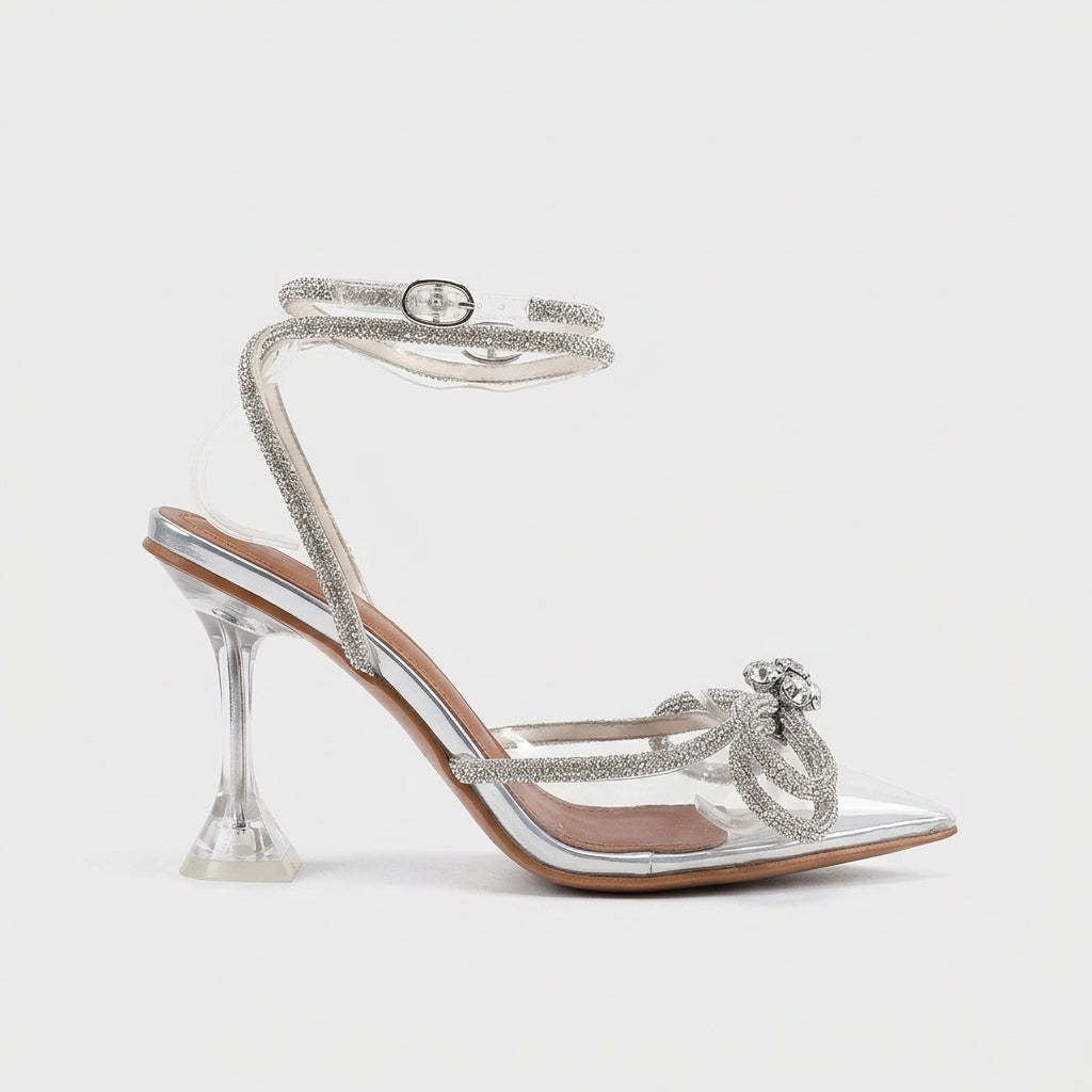 Women’s Silver Pointed Toe High Heel Sandals with Ankle Strap Bow Detail and Clear Upper