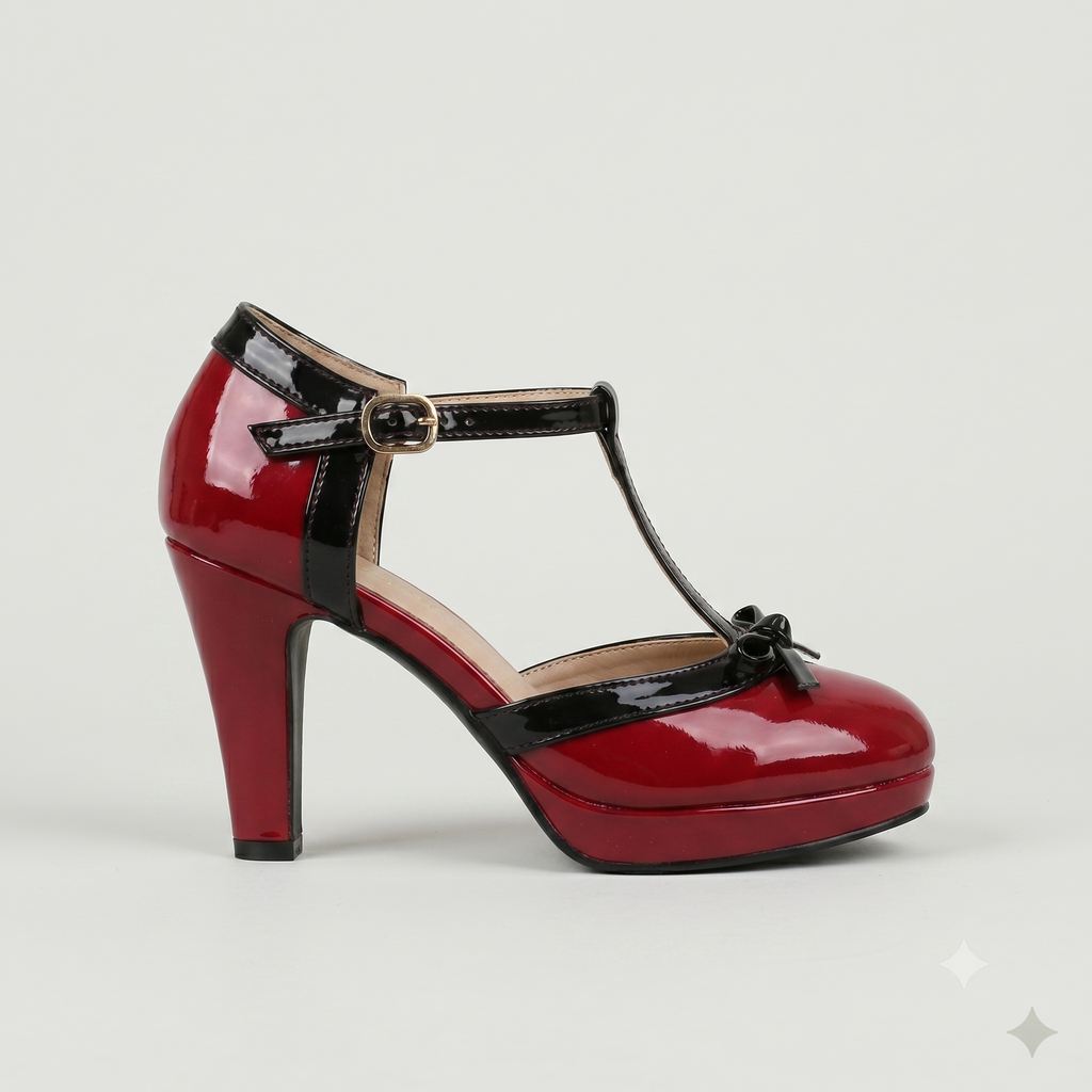 Women’s Rounded Toe T-Strap Heels with Bow Detail - Buckle Closure