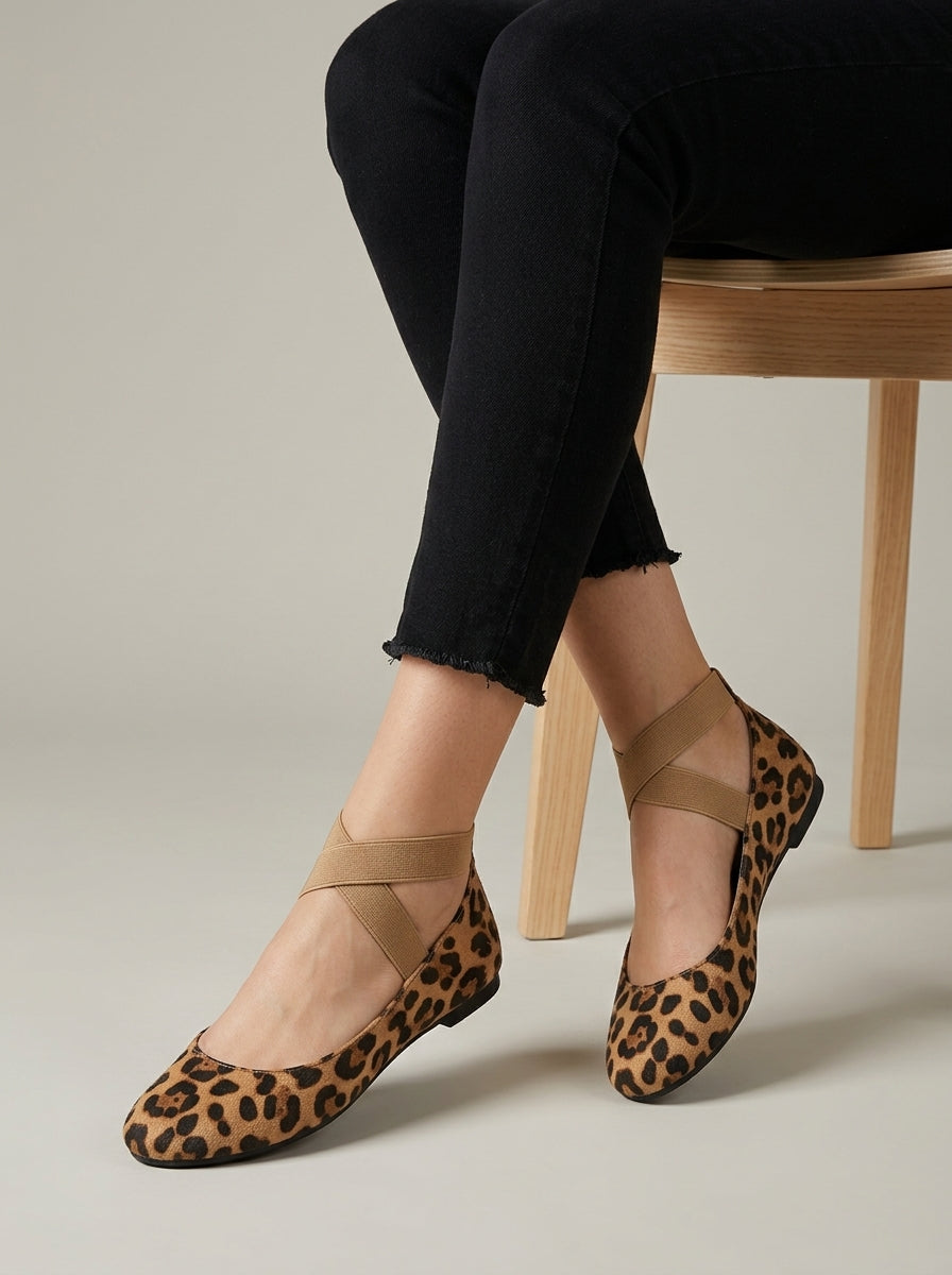 Women’s Rounded Toe Flats with Elastic Cross Strap - Closed Heel