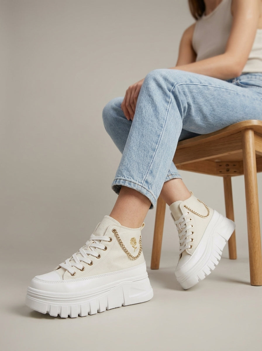 Women’s High-Top Sneakers with Rounded Toe - Lace-Up - Platform Sole - Chain Detail