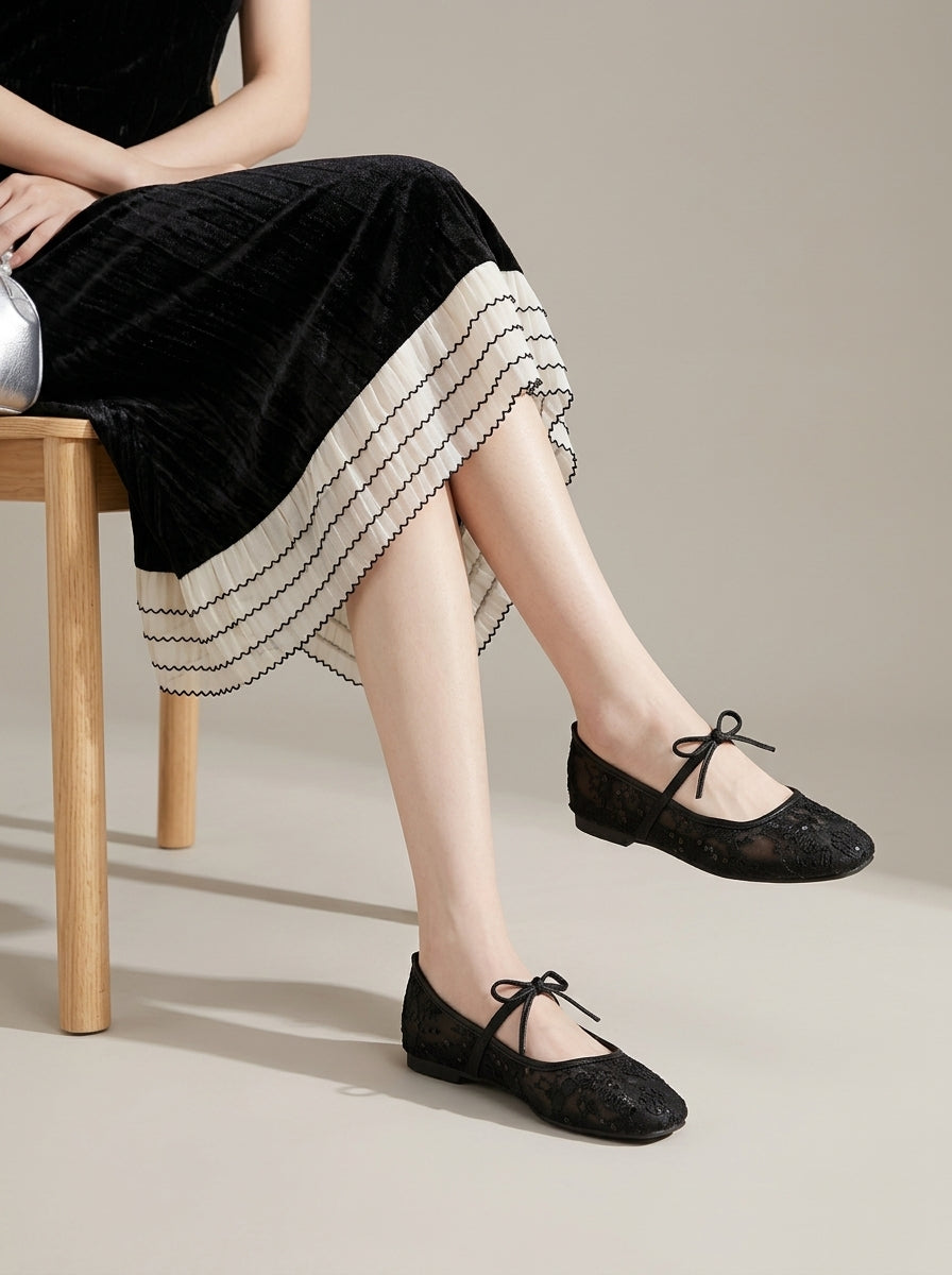 Women’s Mesh Mary Jane Flats - Sheer Panel Design - Bow Detail with Flat Sole