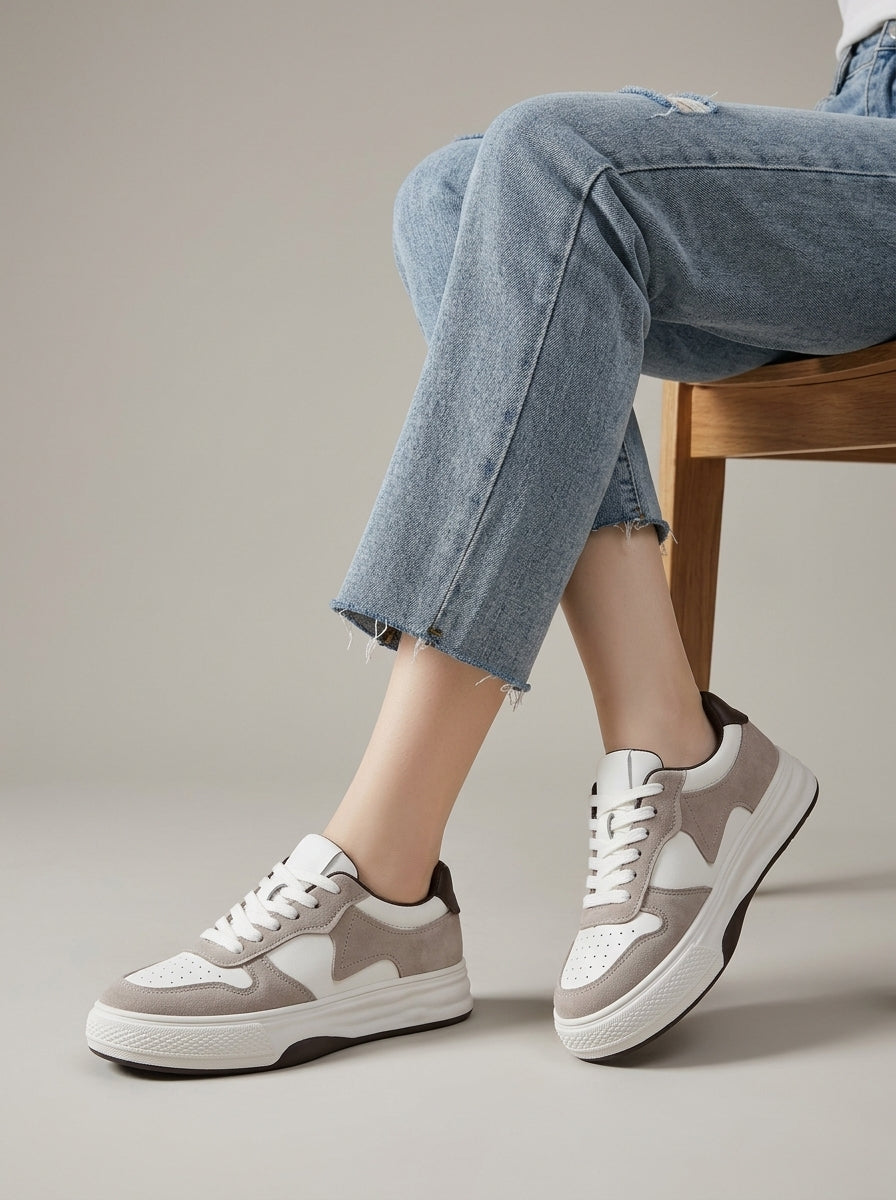Women's Low-Top Color-Block Platform Sneakers - Lace-Up - Mixed Material