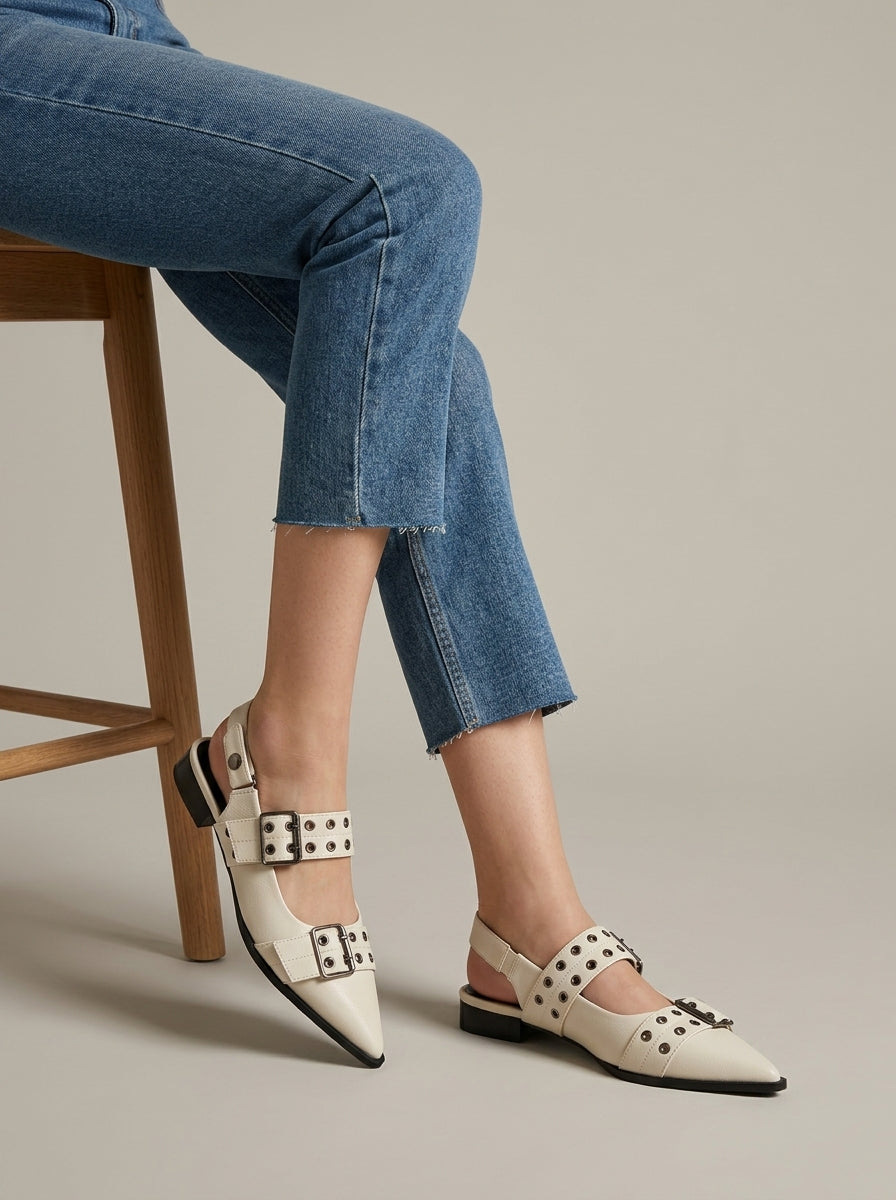 Women's Leather Slingback Heels with Double Buckle Eyelet Strap