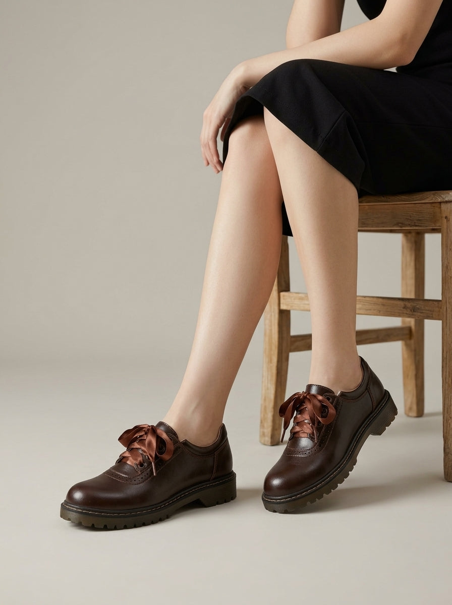 Women's Leather Lace-Up Oxford Shoes - Rounded Toe - Chunky Ridged Outsole