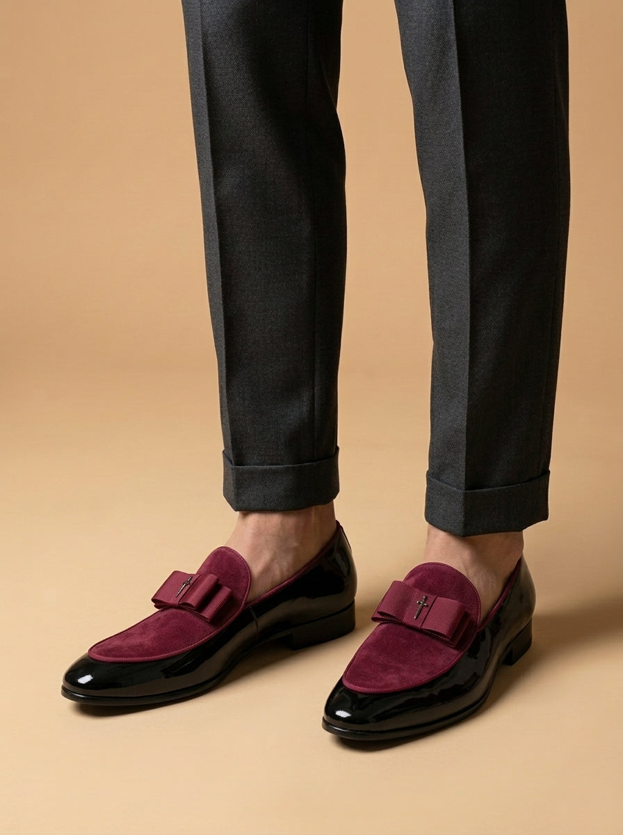 Men's Dress Loafers – Slip-On Round Toe with Suede Panel and Bow Detail