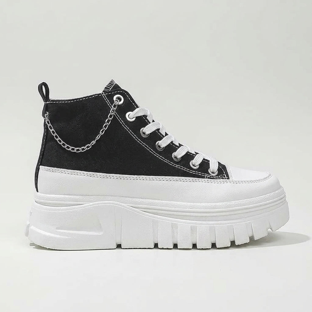 Women’s High-Top Sneakers with Rounded Toe - Lace-Up - Platform Sole - Chain Detail