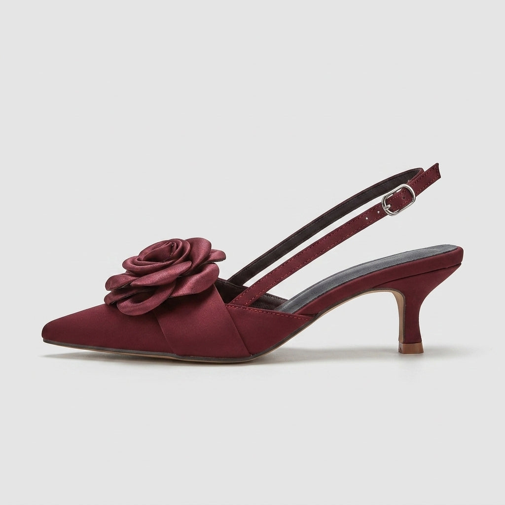 Women's Kitten Heels - Pointed Toe Slingback Pumps - Rosette Vamp Detail