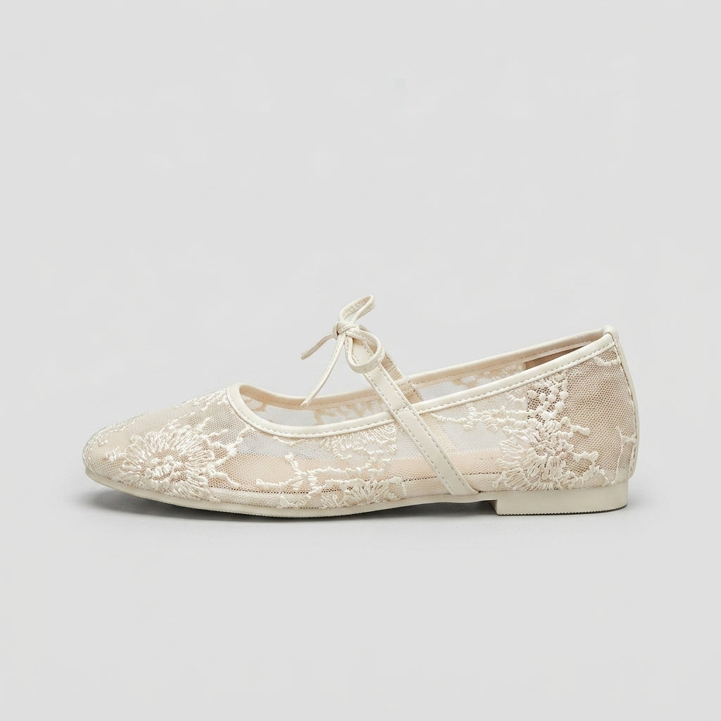 Women’s Mesh Mary Jane Flats - Sheer Panel Design - Bow Detail with Flat Sole