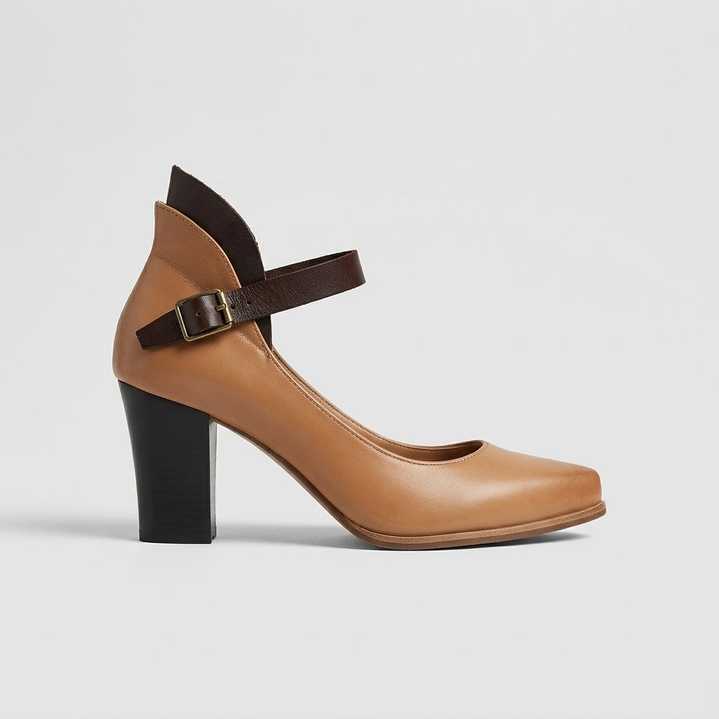 Women’s Block Heel Pumps with Ankle Strap and Pointed Toe
