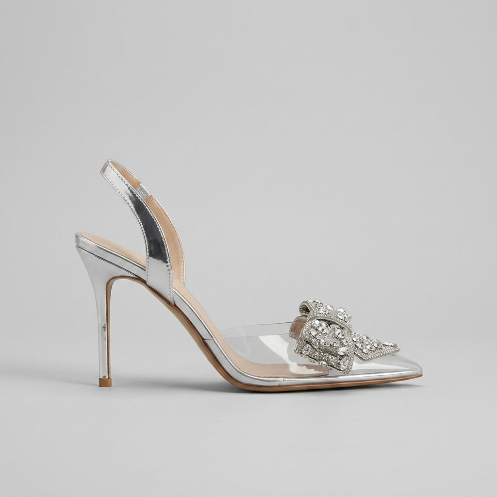 Women's Clear PVC Slingback Pumps with Rhinestone Bow and Stiletto Heel