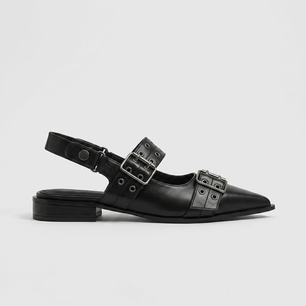 Women's Leather Slingback Heels with Double Buckle Eyelet Strap