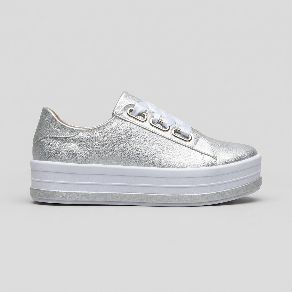 Women's Platform Sneakers - Lace-Up - Metallic Upper - Low Top
