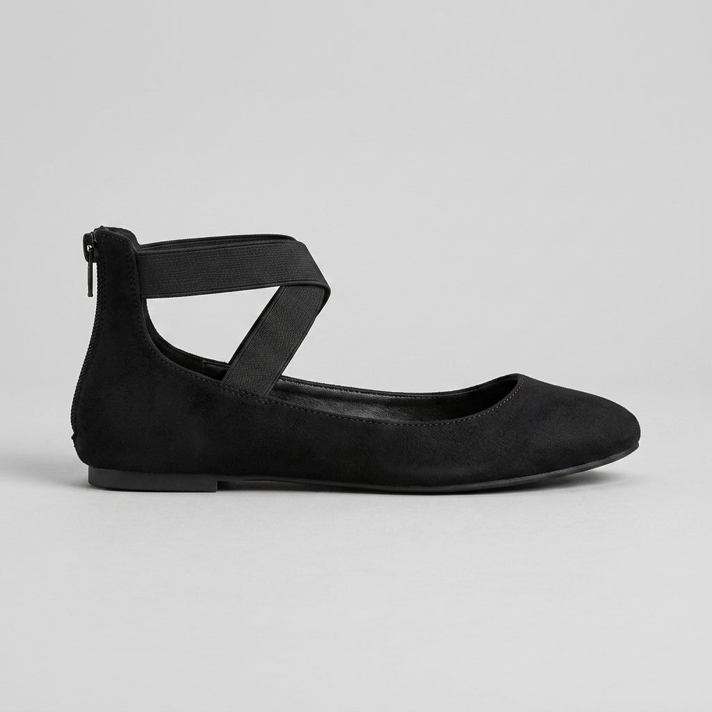 Women’s Rounded Toe Flats with Elastic Cross Strap - Closed Heel