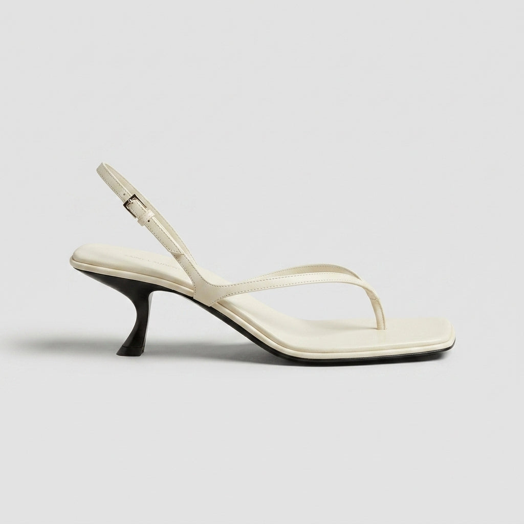 Women's Kitten Heels - Square Toe Thong Sandals - Ankle Strap