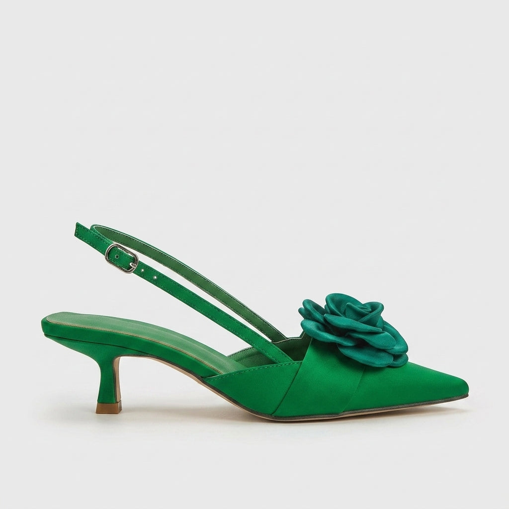 Women's Kitten Heels - Pointed Toe Slingback Pumps - Rosette Vamp Detail