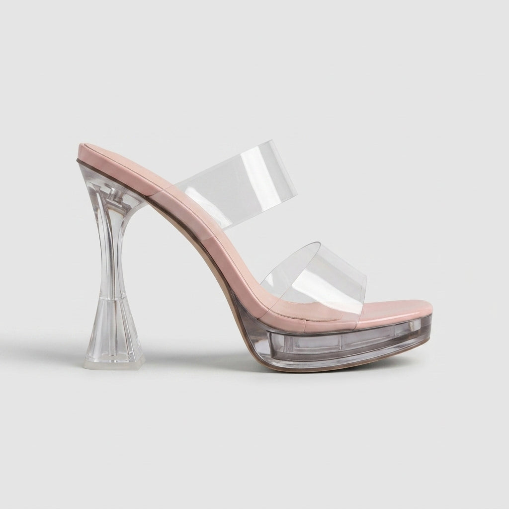 Women's Clear PVC Double Strap Slide Heels with Lucite Flared Heel