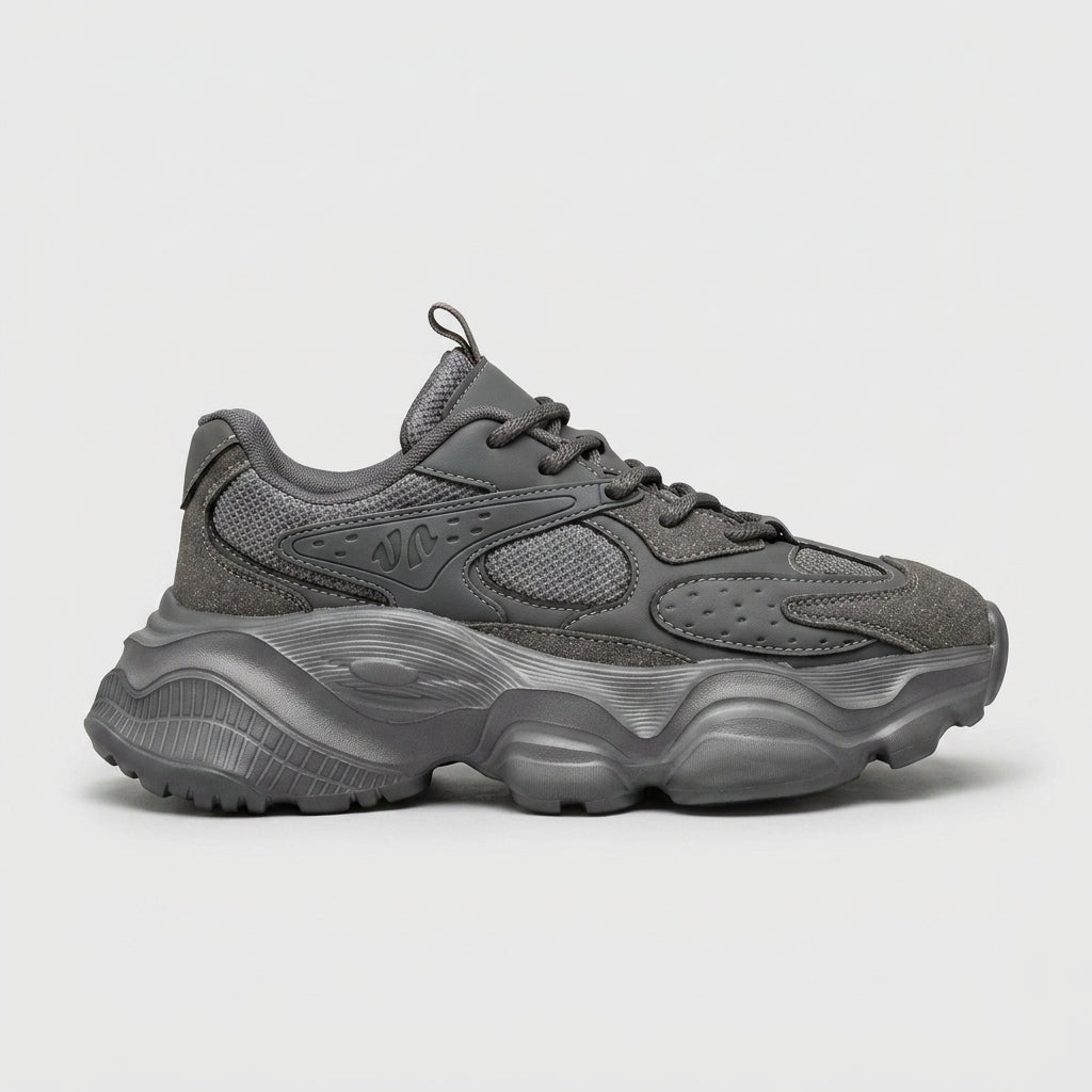 Men's Leather Chunky Sneakers - Lace-Up - Mesh Panels - Thick Sculpted Sole