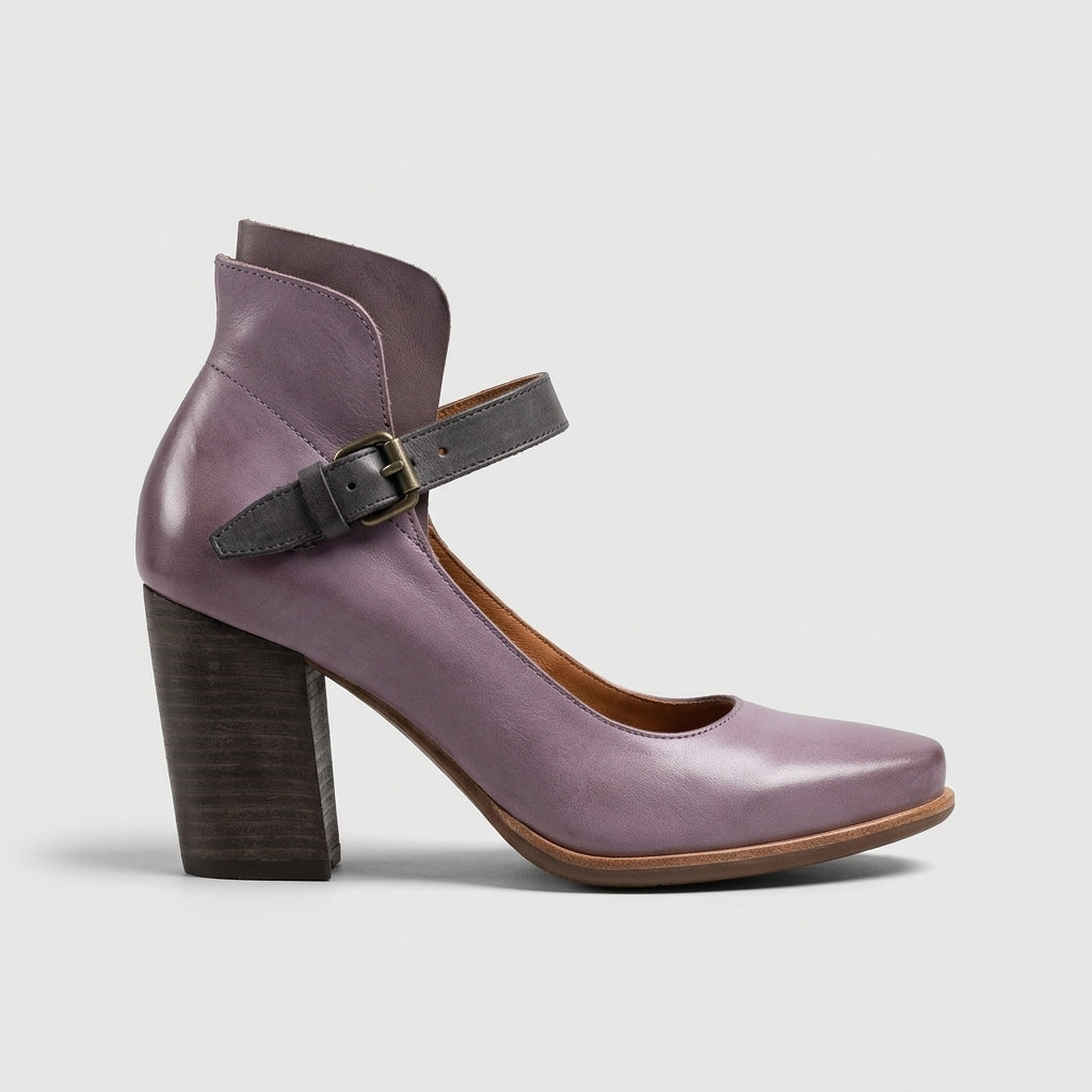 Women’s Block Heel Pumps with Ankle Strap and Pointed Toe