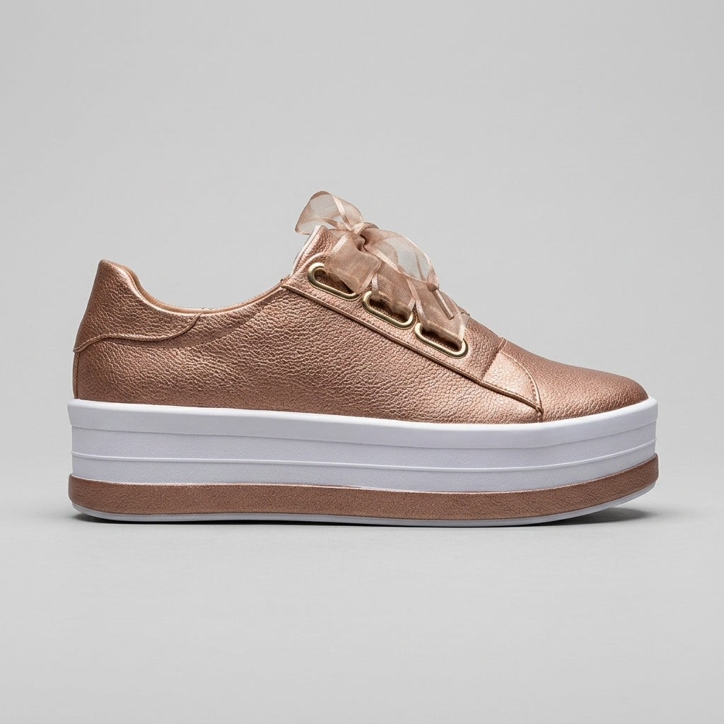 Women's Platform Sneakers - Lace-Up - Metallic Upper - Low Top