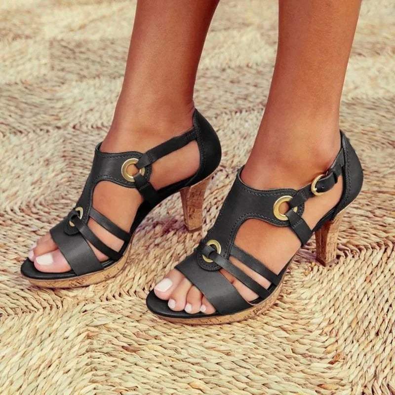 Women’s Open-Toe Heeled Sandals with Cut-Out Straps and Block Heel