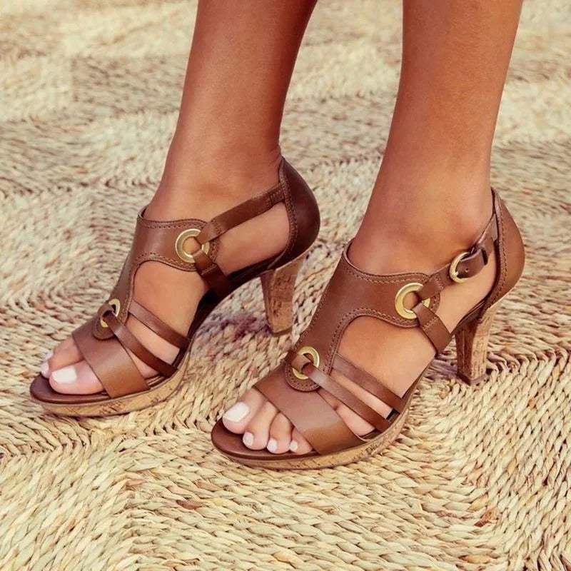 Women’s Open-Toe Heeled Sandals with Cut-Out Straps and Block Heel