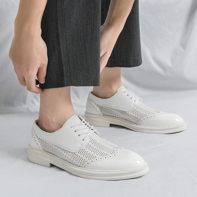 Men's Brogue Oxford Shoes – Lace-Up Round Toe with Mesh Panel Upper and Low Heel