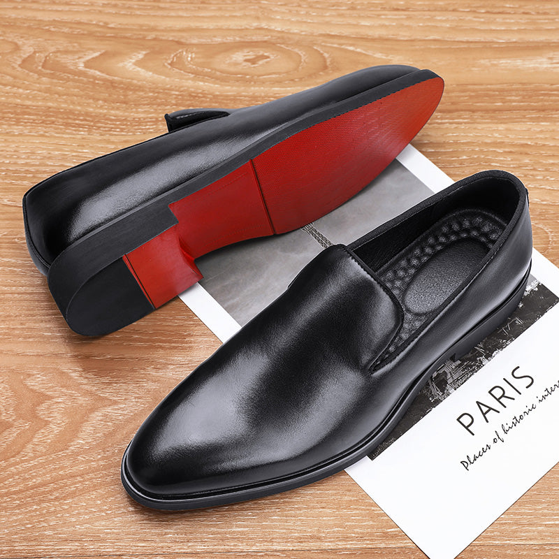 Men’s Faux Leather Slip-On Loafers with Rounded Toe and Red Sole