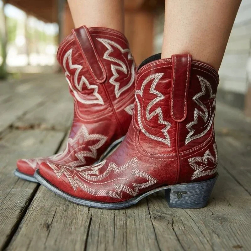 Women’s Embroidered Western Ankle Boots with Block Heel