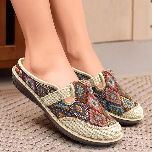 Women's Ethnic Print Closed Toe Mule Loafer - Woven Trim Open Back Flats