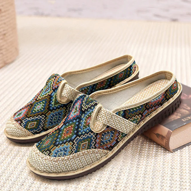 Women's Ethnic Print Closed Toe Mule Loafer - Woven Trim Open Back Flats