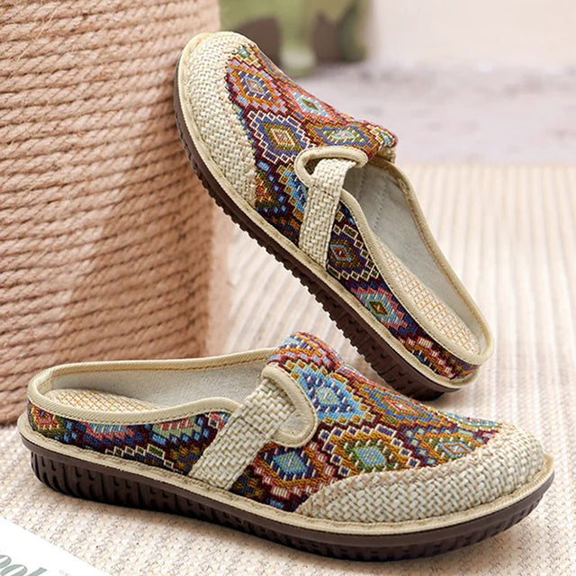 Women's Ethnic Print Closed Toe Mule Loafer - Woven Trim Open Back Flats