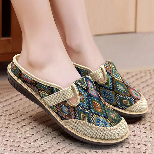 Women's Ethnic Print Closed Toe Mule Loafer - Woven Trim Open Back Flats