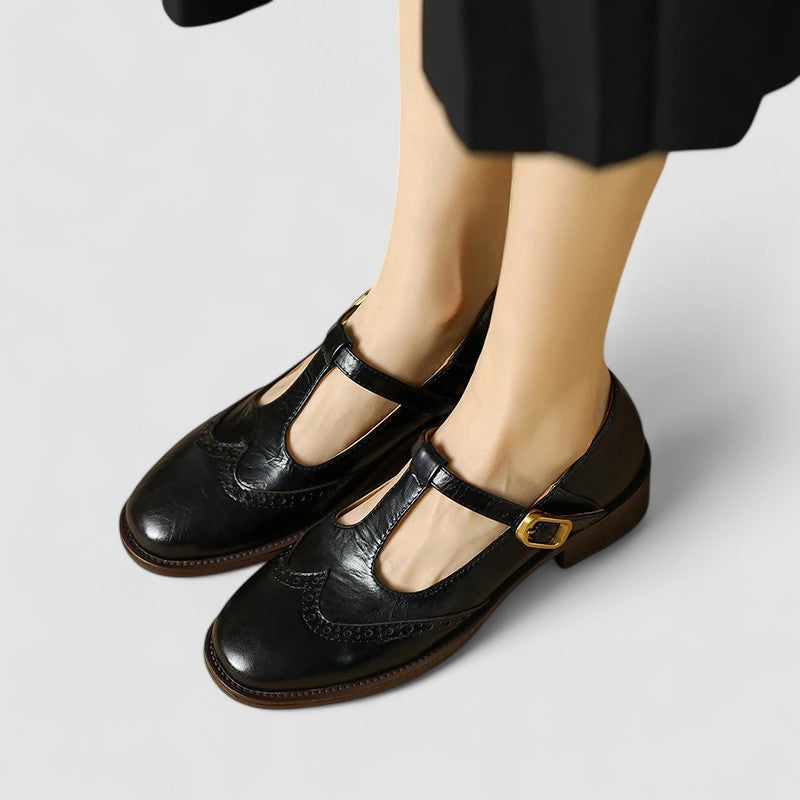 Women's Brogue Mary Jane T-Strap Low Block Heel Buckle Shoes