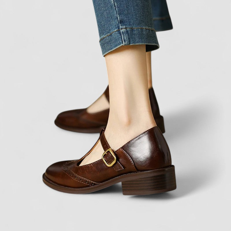 Women's Brogue Mary Jane T-Strap Low Block Heel Buckle Shoes
