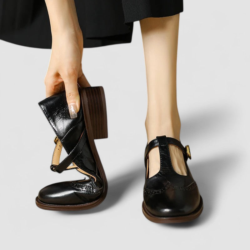 Women's Brogue Mary Jane T-Strap Low Block Heel Buckle Shoes